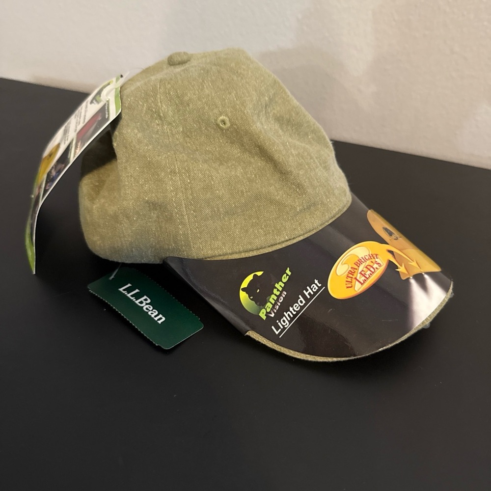 LL Bean Hat Cap Leather Strap Beige Light Up Headlamp Outdoor Hiking Fishing